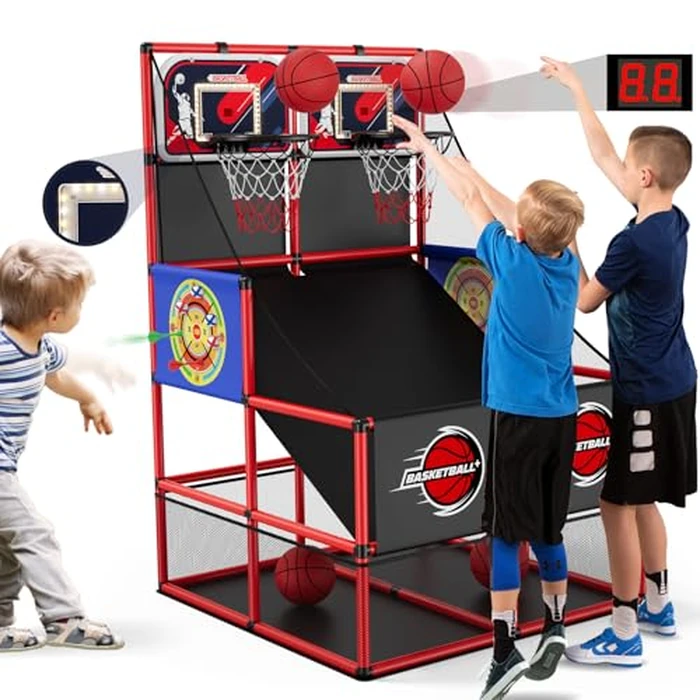 HYES 2 in 1 Dual Shot Basketball Arcade Game with 2 Dart Boards/Electronic Scoreboard/LED Light, Kids Basketball Hoop for Home Indoor Outdoor, Sport Toys for Boys Girls by HYES - Used - Very Good condition - US$72.79