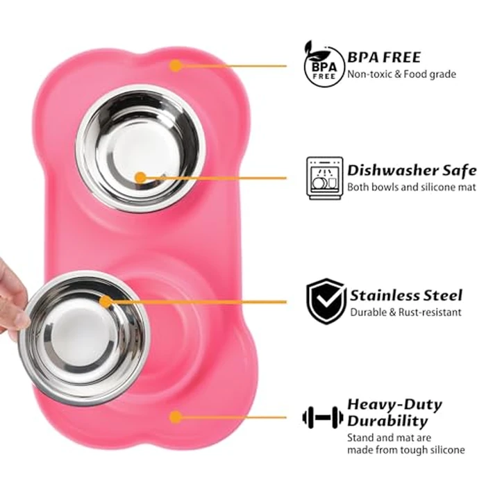 Hubulk Pet Dog Bowls 2 Stainless Steel Dog Bowl with No Spill Non-Skid Silicone Mat + Pet Food Scoop Water and Food Feeder Bowls for Feeding Small Medium Large Dogs Cats Puppies (S, Pink) by Hubulk - Image 2