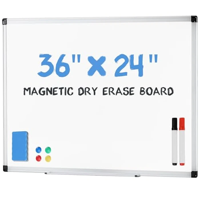 DUMOS Magnetic White Board Kit for Wall 36" x 24", Dry Erase Board with 1 Dry Eraser & 2 Multicolor Markers & 4 Magnetic Pins, Reinforced Aluminum Frame for Home, School, Office by DUMOS - Used - Very Good condition - US$18.77