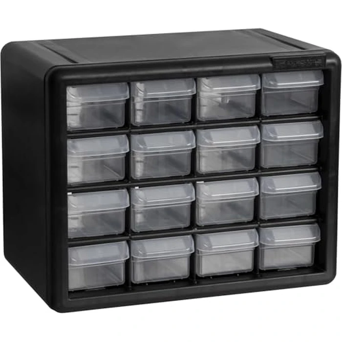 Akro-Mils 16-Drawer Plastic Drawer Storage Cabinet for Garage Organization, Beads, Makeup Organizer, Building Bricks Storage, Teacher Toolbox, 10-1/2" W x 6-1/2" D x 8-1/2" H, 10116 Black by Akro-Mils - Used - Like New condition - US$18.52