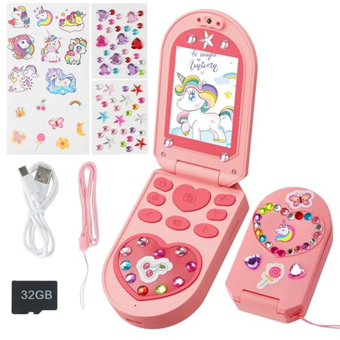 Kids Camera, 3-7 Years Old Girls Gifts, 2.0-inch Flip Phone Digital Camera with 32GB SD Card, DIY Stickers, 1080P Video, Games, Music Player, Christmas Birthday Toys Presents for Girls (Pink) by YUNIBRIX - Image 1