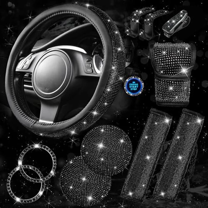 CAR PASS 11 PCS Bling Diamond Car Accessories for Women, Sparkly Rhinestone Steering Wheel Cover, Bling Seat Belt Cushion, Glitter Shift Knob Cover, Car Cup Holder Coaster, Cute Interior Sets Black by CAR PASS - Used - Like New condition - US$19.59