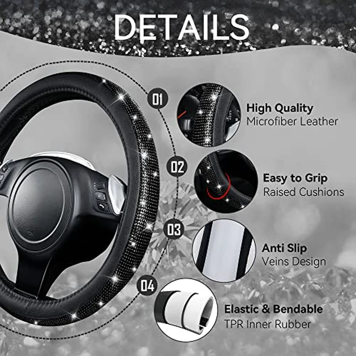 CAR PASS 11 PCS Bling Diamond Car Accessories for Women, Sparkly Rhinestone Steering Wheel Cover, Bling Seat Belt Cushion, Glitter Shift Knob Cover, Car Cup Holder Coaster, Cute Interior Sets Black by CAR PASS - Image 4