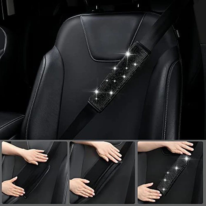 CAR PASS 11 PCS Bling Diamond Car Accessories for Women, Sparkly Rhinestone Steering Wheel Cover, Bling Seat Belt Cushion, Glitter Shift Knob Cover, Car Cup Holder Coaster, Cute Interior Sets Black by CAR PASS - Image 5