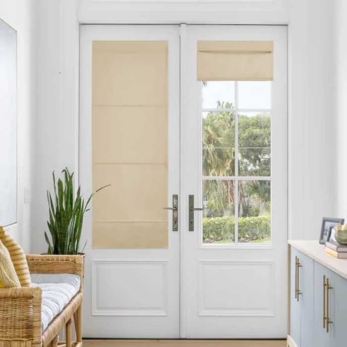 NICETOWN Magnetic Blackout Door Blinds, No Drill Cordless Roll Up French Door Curtain for Window, Thermal Insulated Light Blocking Shades for Small Glass Window, 24" W x 64" L, Biscotti Beige, 1 Panel by NICETOWN - Used - Good condition - CA$26.75