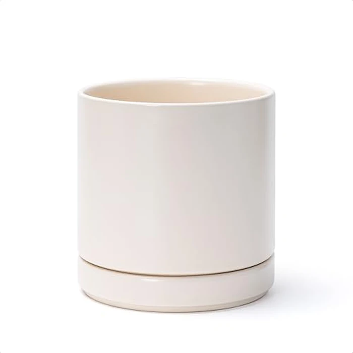 D'vine Dev 6.5 Inch Ceramic Planter Pot with Drainage Hole and Saucer, Indoor Cylinder Round Planter Pot, Oatmeal, 94-O-C-8 by D'vine Dev - Image 1