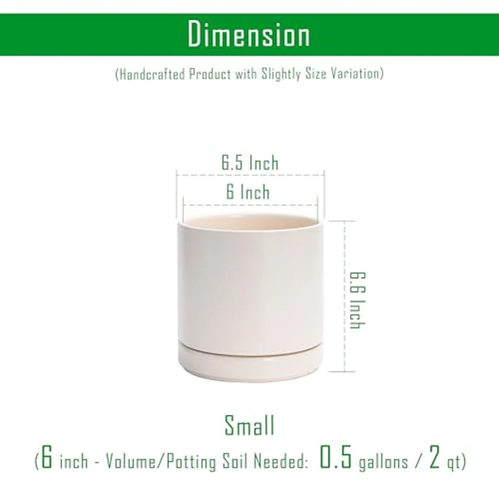 D'vine Dev 6.5 Inch Ceramic Planter Pot with Drainage Hole and Saucer, Indoor Cylinder Round Planter Pot, Oatmeal, 94-O-C-8 by D'vine Dev - Image 2