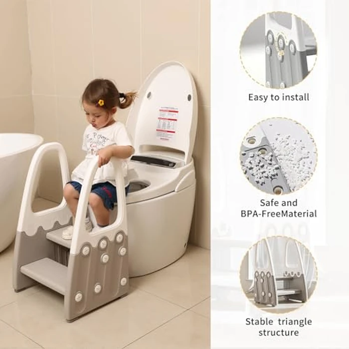 Two Step Stool with Handrails for Toddler and Kids, Standing Learning Stool Tower for Bathroom Sink, Potty Training, Children Step Up Learning Helper with Handles and Safety Non-Slip Pads(Gray) by Joylico - Used - Good condition