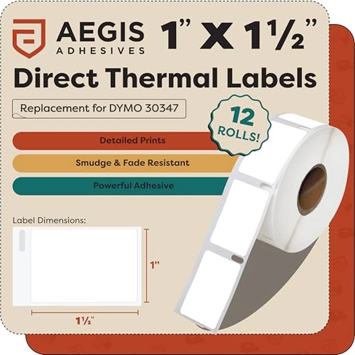 Aegis Adhesives - 1" X 1-1/2" Replacement for DYMO 30347 (12 Rolls/9000 Labels) Direct Thermal Library Book Spine Labels - Compatible with LabelWriter 450, 450 Turbo, 4XL Printers (NOT 550, 5XL) by Aegis Adhesives - Image 2