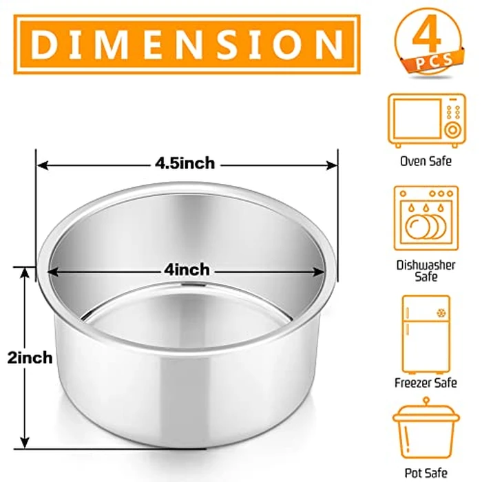 P&P CHEF Cake Pan Set of 4, Stainless Steel Baking Round Cake Pans Tins Bakeware for Birthday Wedding, Leak-proof & Easy Clean, Mirror Finish & Easy Releasing, 4 Inch by P&P CHEF - Image 2