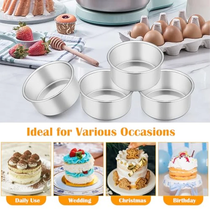 P&P CHEF Cake Pan Set of 4, Stainless Steel Baking Round Cake Pans Tins Bakeware for Birthday Wedding, Leak-proof & Easy Clean, Mirror Finish & Easy Releasing, 4 Inch by P&P CHEF - Image 4