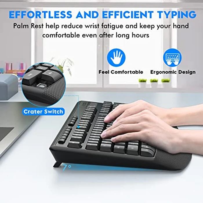 Wireless Keyboard and Mouse Combo, E-YOOSO 2.4GHz Full Sized Ergonomic Wireless Keyboard with Wrist Rest, 3 DPI Adjustable and 6 Buttons Cordless USB Mouse for Computer, Laptop, PC, Windows (Black) by E-YOOSO - Image 3