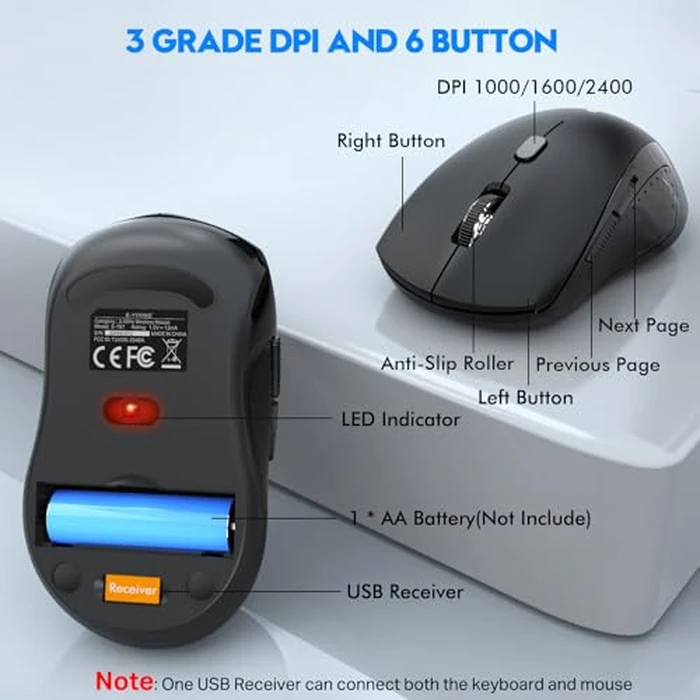 Wireless Keyboard and Mouse Combo, E-YOOSO 2.4GHz Full Sized Ergonomic Wireless Keyboard with Wrist Rest, 3 DPI Adjustable and 6 Buttons Cordless USB Mouse for Computer, Laptop, PC, Windows (Black) by E-YOOSO - Image 6