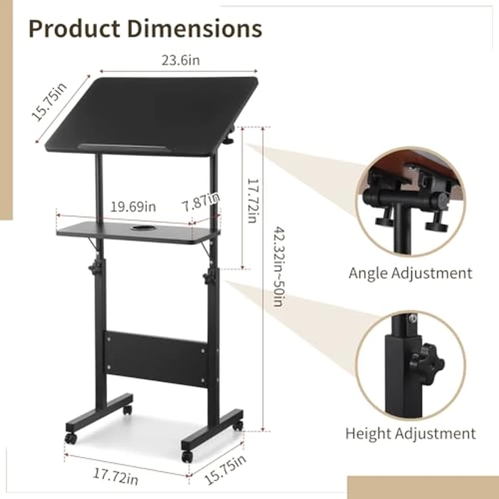 Adjustable Podium Stand, Rolling Podium with Wheels, Rolling Table Laptop Cart with Height, Storage Tray, Cup Holder for Home and Office-Black 42.3-50inch (Black, 42.3-50inch) by Joyoolife - Image 3