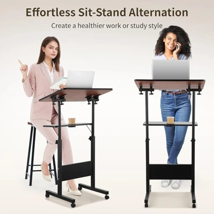 Adjustable Podium Stand, Rolling Podium with Wheels, Rolling Table Laptop Cart with Height, Storage Tray, Cup Holder for Home and Office-Black 42.3-50inch (Black, 42.3-50inch) by Joyoolife - Image 4