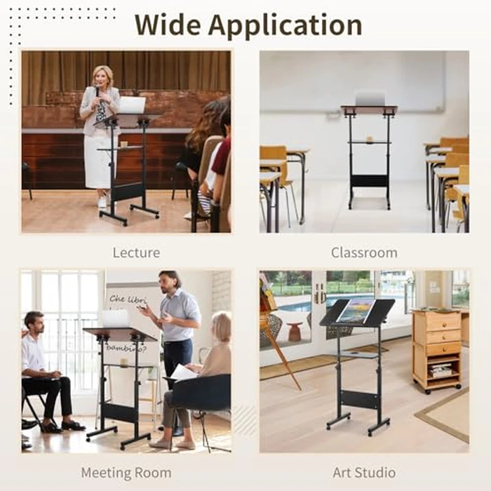Adjustable Podium Stand, Rolling Podium with Wheels, Rolling Table Laptop Cart with Height, Storage Tray, Cup Holder for Home and Office-Black 42.3-50inch (Black, 42.3-50inch) by Joyoolife - Image 7