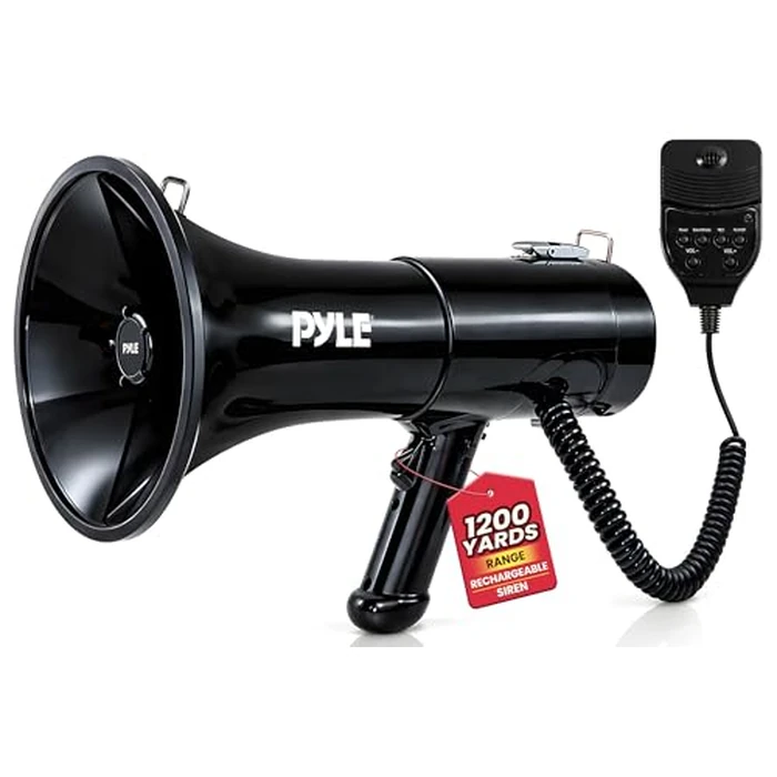 Pyle 100-Watt Square Megaphone Bullhorn, Lightweight and Portable Loudspeaker Horn with Aux (3.5mm) Input for MP3/Music, Automatic Siren, Whistle, MIC/Talk (Black), 1200 Square Yards Projection Range by Pyle - Image 1