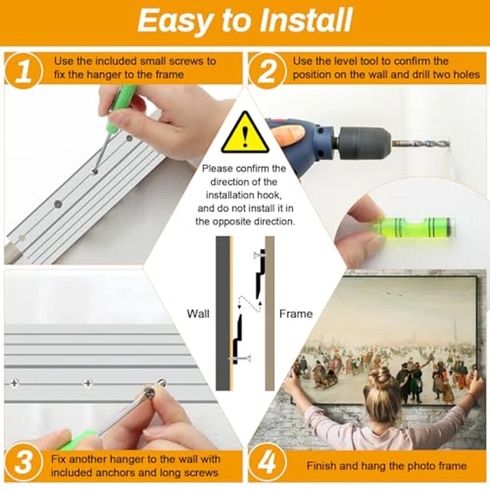 4 Pairs French Cleat Picture Hanger, Luxiv Metal Mounting Bracket for Photo Frames Aluminum Z Hanger, Wall Mount Mirror Bracket Z Bar Hanging Picture Ledges with Screws, Level Tool (6 inches) by Luxiv - Image 3