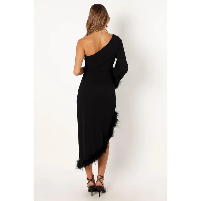 Dame One Shoulder Feather Midi Dress - Black S by Petal & Pup - Image 4