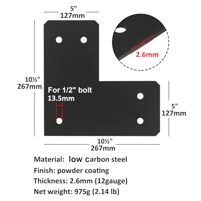 heneng 4 Pack Flat L Brackets,10-1/2" x 10-1/2" L Strap Tie Plate for 6 x 6 Wood House Framing Connection,12 Gauge by heneng - Image 2