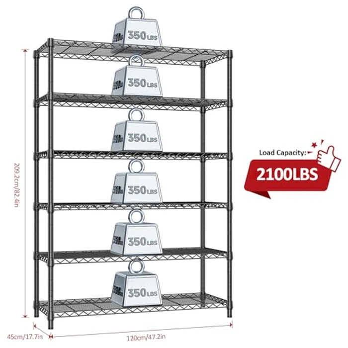 IZEUK 6-Tier Heavy Duty Industrial Storage Shelving Unit Carbon Steel Wire Shelf with 2000LBS Capacity Adjustable Utility Rack for Garage Pantry Warehouse Commercial 17.7"D x 47.24"W x 82.68"H, Black by IZEUK - Image 4