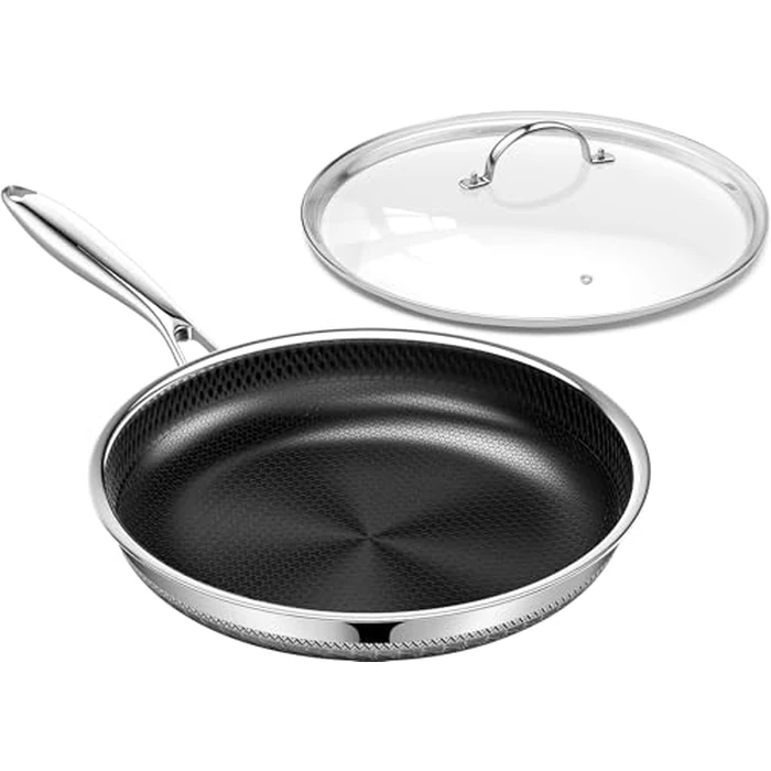 Non Stick Frying Pan with Lid, 12 Inch Ceramic Hybrid Tri-Ply Stainless Steel Frying Pans Nonstick W/Lid, Large Induction Skillet Frying Pans for Cooking, Metal Utensil Safe, PFAS/PFOA/PTFE Free by Innerwell - Image 1