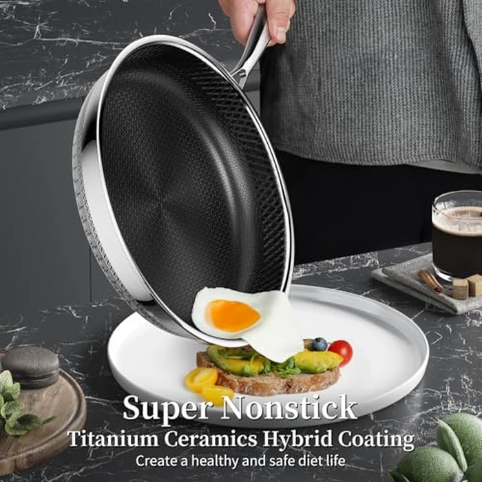 Non Stick Frying Pan with Lid, 12 Inch Ceramic Hybrid Tri-Ply Stainless Steel Frying Pans Nonstick W/Lid, Large Induction Skillet Frying Pans for Cooking, Metal Utensil Safe, PFAS/PFOA/PTFE Free by Innerwell - Image 2