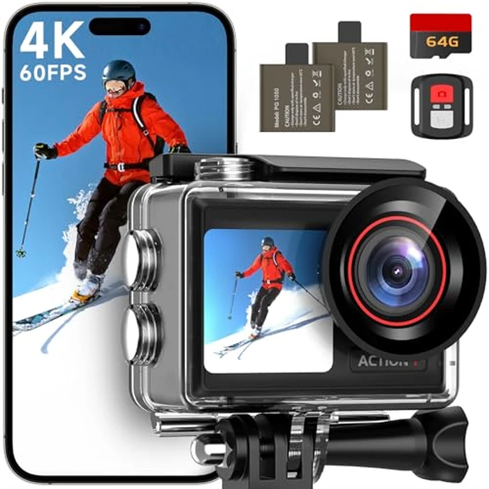 Action Camera 4K 60FPS with Dual Screens Design, Underwater Camera 64GB Memory Card Included, 132FT Waterproof Camera, 30MP Photo, EIS, 5X Zoom, Sports Camera with Accessories Kit, WiFi Remote Control by ODDV - Used - Like New condition - CA$56.99