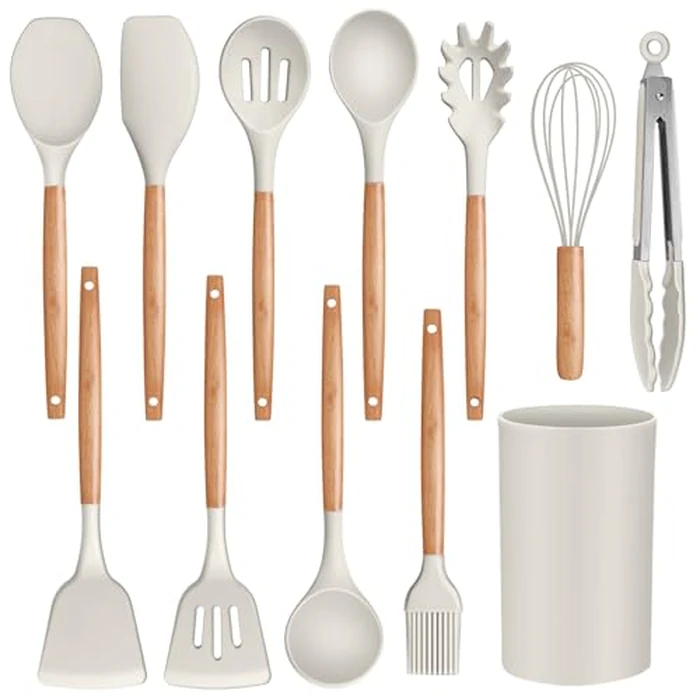 P&P CHEF Silicone Cooking Utensils Set, 12PCS Kitchen Utensils Set with Wooden Handle for Nonstick Cookware, Ladle, Spoon, Spatula, Tong, Heat-resistant & Non-scratch, Non Smell & Healthy, Khaki by P&P CHEF - Used - Like New condition - US$12.87