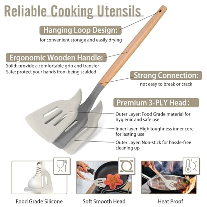 P&P CHEF Silicone Cooking Utensils Set, 12PCS Kitchen Utensils Set with Wooden Handle for Nonstick Cookware, Ladle, Spoon, Spatula, Tong, Heat-resistant & Non-scratch, Non Smell & Healthy, Khaki by P&P CHEF - Image 2