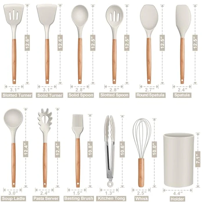 P&P CHEF Silicone Cooking Utensils Set, 12PCS Kitchen Utensils Set with Wooden Handle for Nonstick Cookware, Ladle, Spoon, Spatula, Tong, Heat-resistant & Non-scratch, Non Smell & Healthy, Khaki by P&P CHEF - Image 3