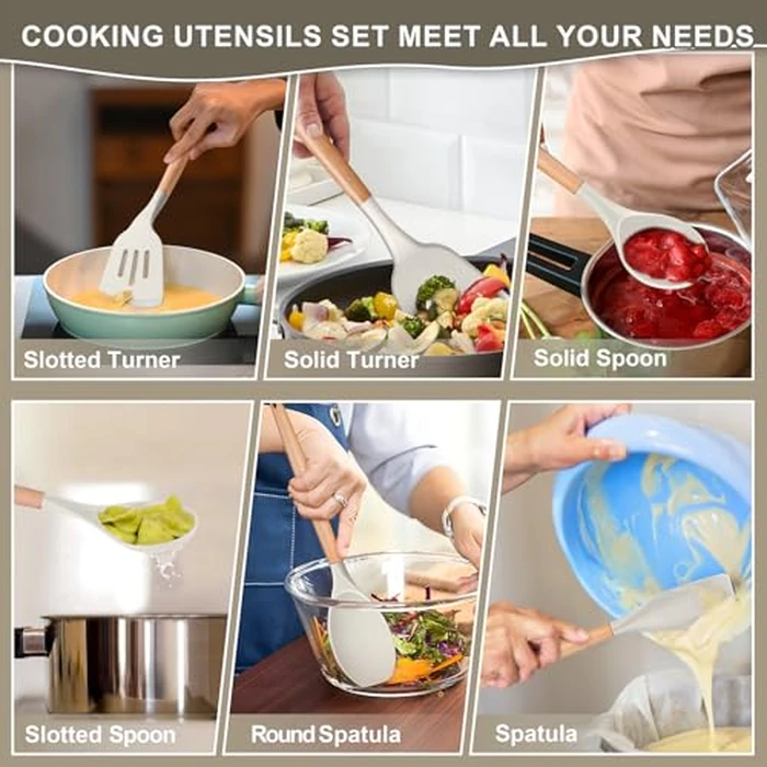 P&P CHEF Silicone Cooking Utensils Set, 12PCS Kitchen Utensils Set with Wooden Handle for Nonstick Cookware, Ladle, Spoon, Spatula, Tong, Heat-resistant & Non-scratch, Non Smell & Healthy, Khaki by P&P CHEF - Image 4