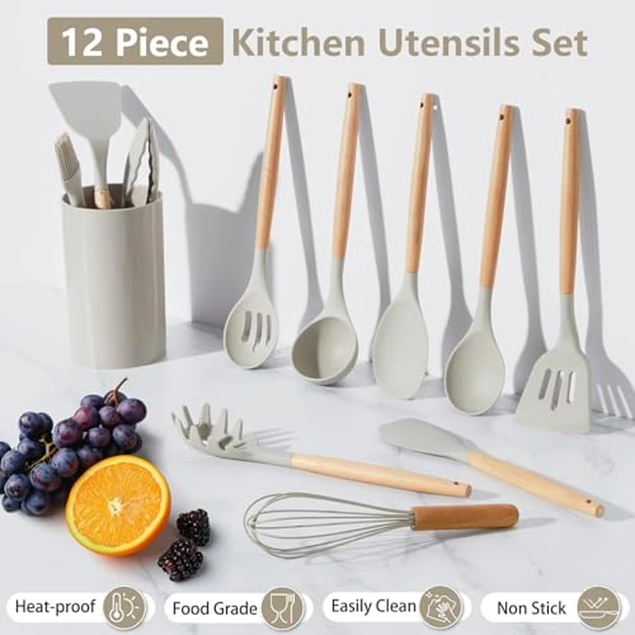 P&P CHEF Silicone Cooking Utensils Set, 12PCS Kitchen Utensils Set with Wooden Handle for Nonstick Cookware, Ladle, Spoon, Spatula, Tong, Heat-resistant & Non-scratch, Non Smell & Healthy, Khaki by P&P CHEF - Image 6