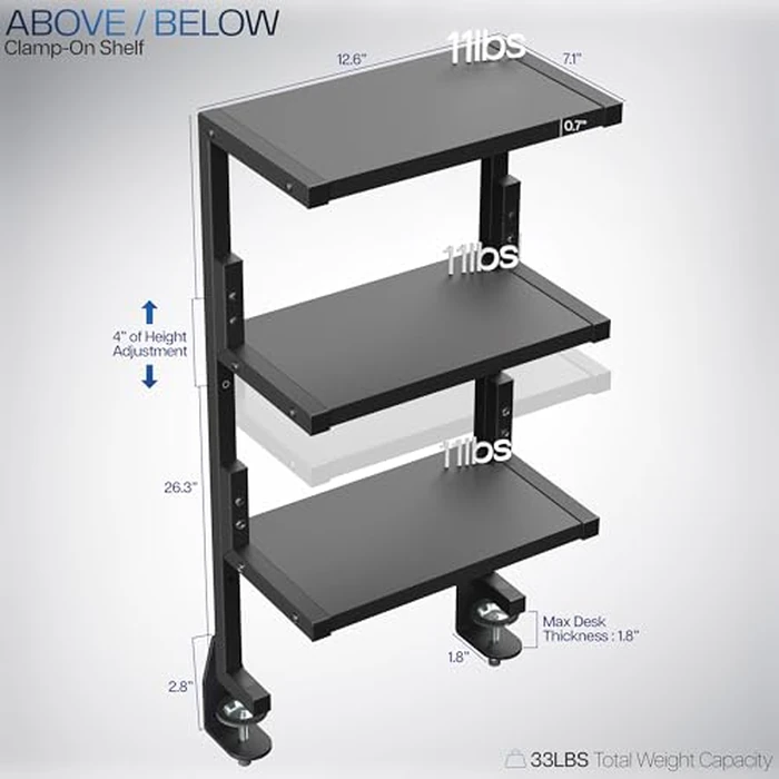 VIVO Clamp-on 13 inch Above or Below Desk 3-Tier Shelving Unit for Table Accessories, Gaming Devices, and More, Storage Tray, Desktop Organizer, Black, STAND-SHELF3C by VIVO - Image 3