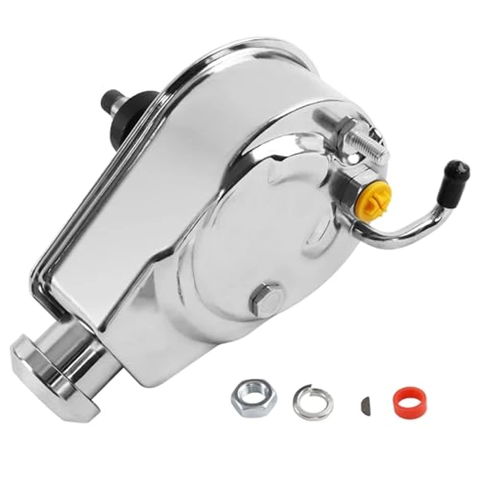 Power Steering Pump, Saginaw P Series 5/8" Keyway, Compatible with GM Vehicles (Chevrolet, GMC, Buick, Oldsmobile, Pontiac), SBC 350, Chrome Finish by ATRACYPART - Image 1