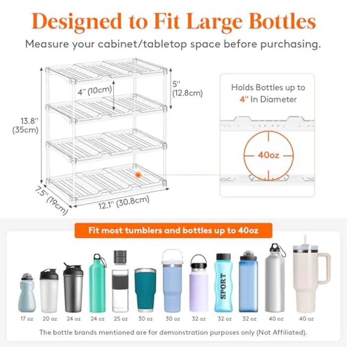 Lifewit Stackable Water Bottle Organizer for Cupboard, Freezer, Pantry, Plastic Bottle Holder for Kitchen Worktop, Cabinet, Desk, 4 Tier for 12 Bottles by Lifewit - Image 2