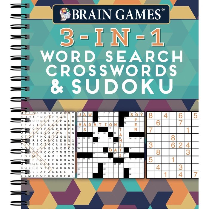 Brain Games - 3-In-1 Puzzle Book: Word Search, Crosswords & Sudoku | 256 Pages, Spiral Bound | Large Variety Activity Book for Adults, Seniors, Teens by Publications International, Ltd. - Used - Good condition - US$12.65