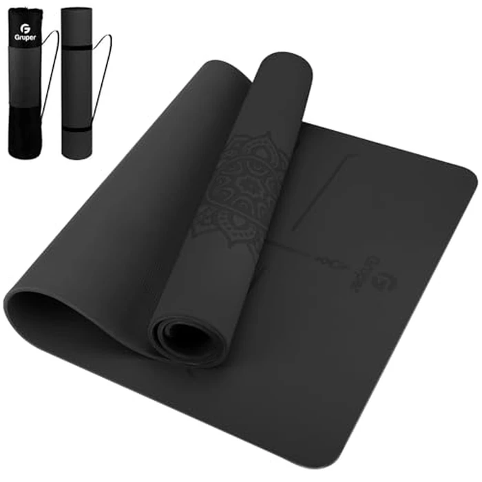 Yoga Mat Non Slip TPE Thick Yoga Mat with Alignment Mark, Large Size 72"L x 32"W x 0.32"Th or 0.24"Th, Anti-Tear Exercise & Fitness Mat for Yoga, Pilates & Floor Workouts (Black, 0.32*32*72 Inches) by Gruper - Image 1