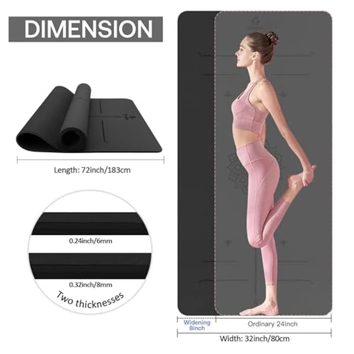 Yoga Mat Non Slip TPE Thick Yoga Mat with Alignment Mark, Large Size 72"L x 32"W x 0.32"Th or 0.24"Th, Anti-Tear Exercise & Fitness Mat for Yoga, Pilates & Floor Workouts (Black, 0.32*32*72 Inches) by Gruper - Image 4