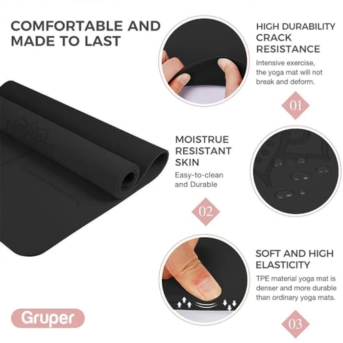 Yoga Mat Non Slip TPE Thick Yoga Mat with Alignment Mark, Large Size 72"L x 32"W x 0.32"Th or 0.24"Th, Anti-Tear Exercise & Fitness Mat for Yoga, Pilates & Floor Workouts (Black, 0.32*32*72 Inches) by Gruper - Image 6