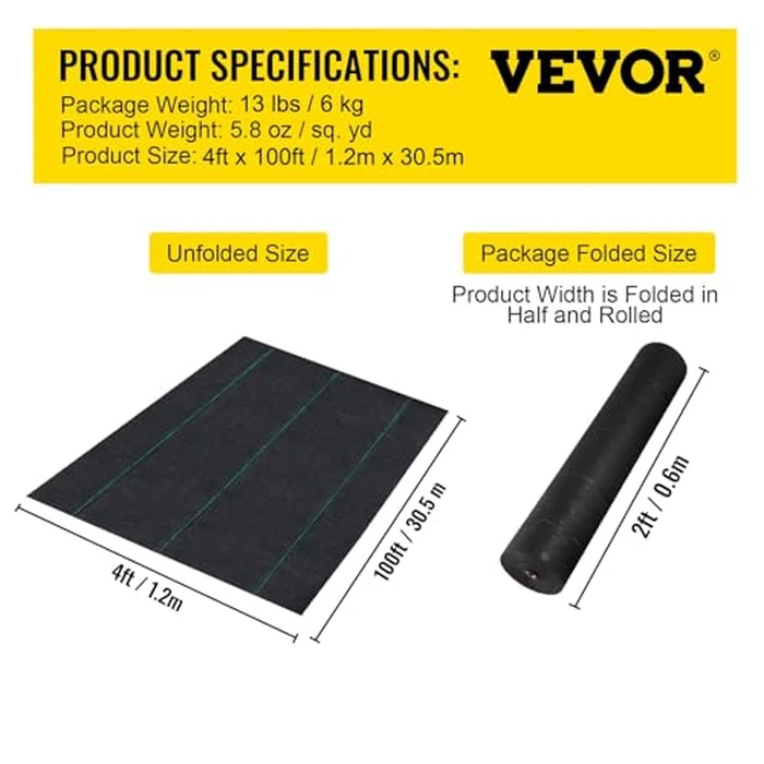 VEVOR Garden Weed Barrier Fabric, 5.8 OZ Heavy Duty Landscape Fabric, 4ft x 100ft Weed Block Control for Garden Ground Cover, Woven Geotextile Fabric for Landscaping, Gardening, Underlayment, Black by VEVOR - Image 7