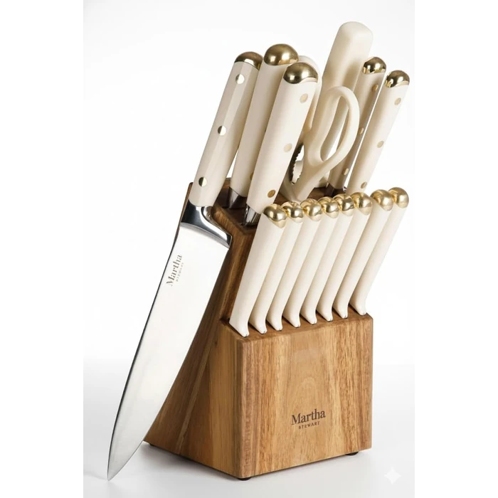 Martha Stewart 16 Piece Lockton High Carbon Stainless Steel Cutlery Kitchen Knife Block Set W/ABS Tripe Riveted Forged Handle Acacia Wood Block - Linen White W/Gold by Martha Stewart - Used - Very Good condition - CA$119.52