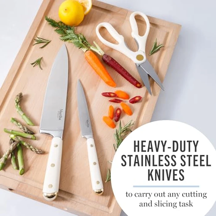 Martha Stewart 16 Piece Lockton High Carbon Stainless Steel Cutlery Kitchen Knife Block Set W/ABS Tripe Riveted Forged Handle Acacia Wood Block - Linen White W/Gold by Martha Stewart - Image 4