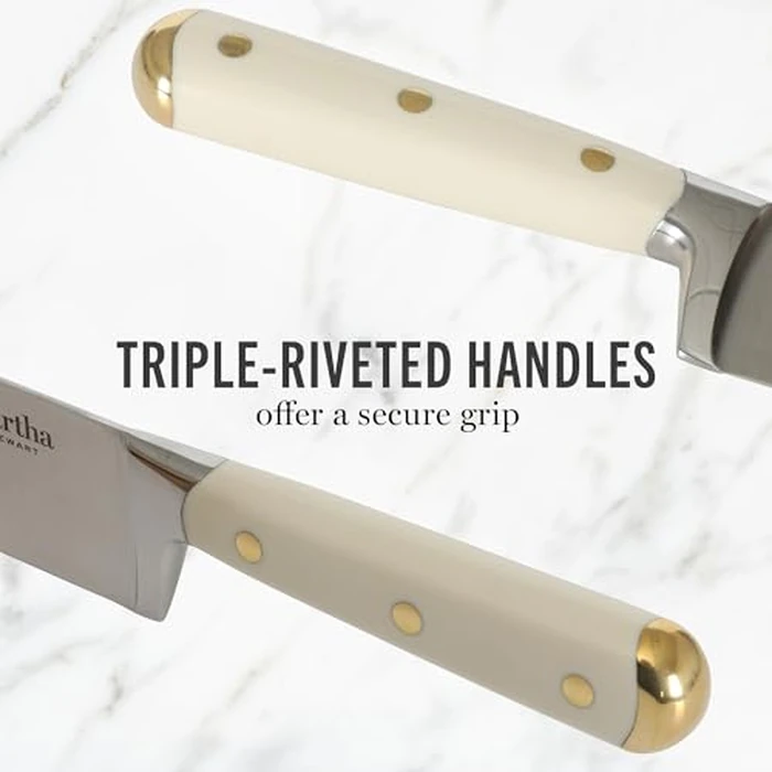 Martha Stewart 16 Piece Lockton High Carbon Stainless Steel Cutlery Kitchen Knife Block Set W/ABS Tripe Riveted Forged Handle Acacia Wood Block - Linen White W/Gold by Martha Stewart - Image 5