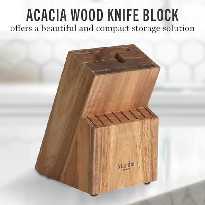 Martha Stewart 16 Piece Lockton High Carbon Stainless Steel Cutlery Kitchen Knife Block Set W/ABS Tripe Riveted Forged Handle Acacia Wood Block - Linen White W/Gold by Martha Stewart - Image 6