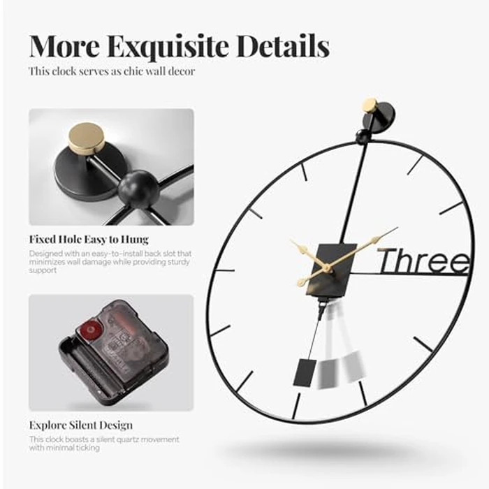 Cuspin 30 inch Large Wall Clocks Battery Operated Wall Clock with Pendulum, Silent Non-Ticking Metal Clock for Living Room Decor, Modern Decorative Hanging Clock for Bedroom, Office, Kitchen, Home by Cuspin - Image 4