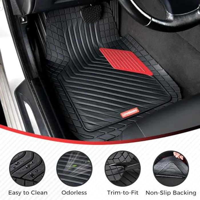 Coverado Heavy-Duty PVC Car Floor Mats Full Set - Red Metallic Heel Pad, All-Weather Protection for Front & Rear, Non-Slip Backing, Easy-to-Clean Liners, 4 Pcs by Coverado - Image 3