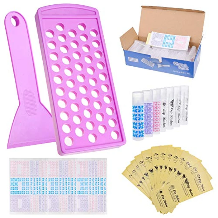 Lip Balm Crafting Kit - Easy Lip Balm Filling Tray and Spatula - BPA Free - 50 Empty Lip Balm Tubes with Caps (Transparent) - 3/16 Oz (5.5 ml) - 50 Writeable and 50 Printed Stickers by Kare & Kind - Image 1