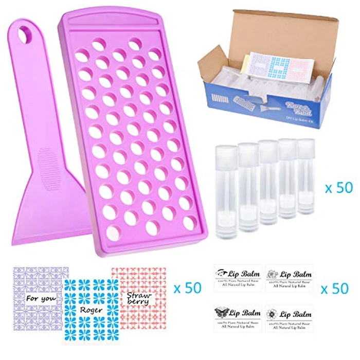 Lip Balm Crafting Kit - Easy Lip Balm Filling Tray and Spatula - BPA Free - 50 Empty Lip Balm Tubes with Caps (Transparent) - 3/16 Oz (5.5 ml) - 50 Writeable and 50 Printed Stickers by Kare & Kind - Image 2