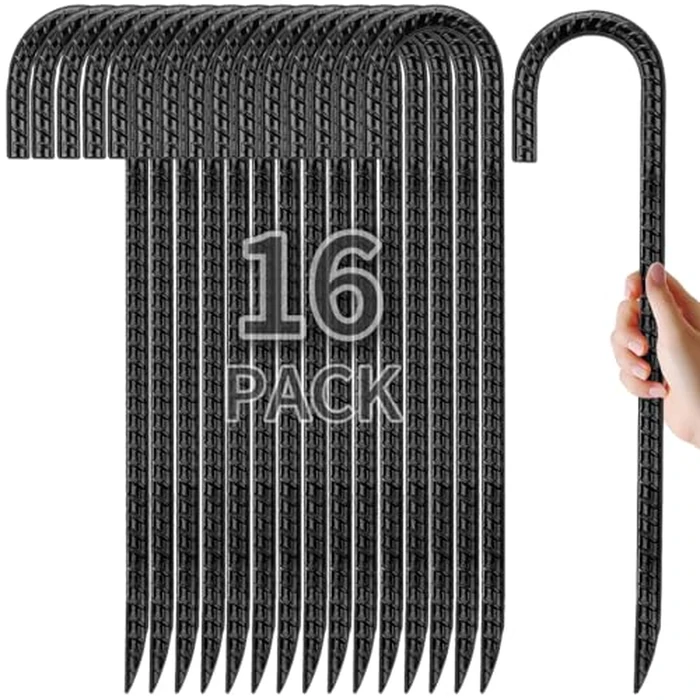 Kingsyard 16 Pack 12 Inch Rebar Stakes J Hook Ground Stakes, Galvanized Metal Heavy Duty Tent Stakes for Trampolines Chain Link Fence Lawn Inflatables Decorations Outdoor Canopy Swing Set by Kingsyard - Used - Like New condition - US$22.79